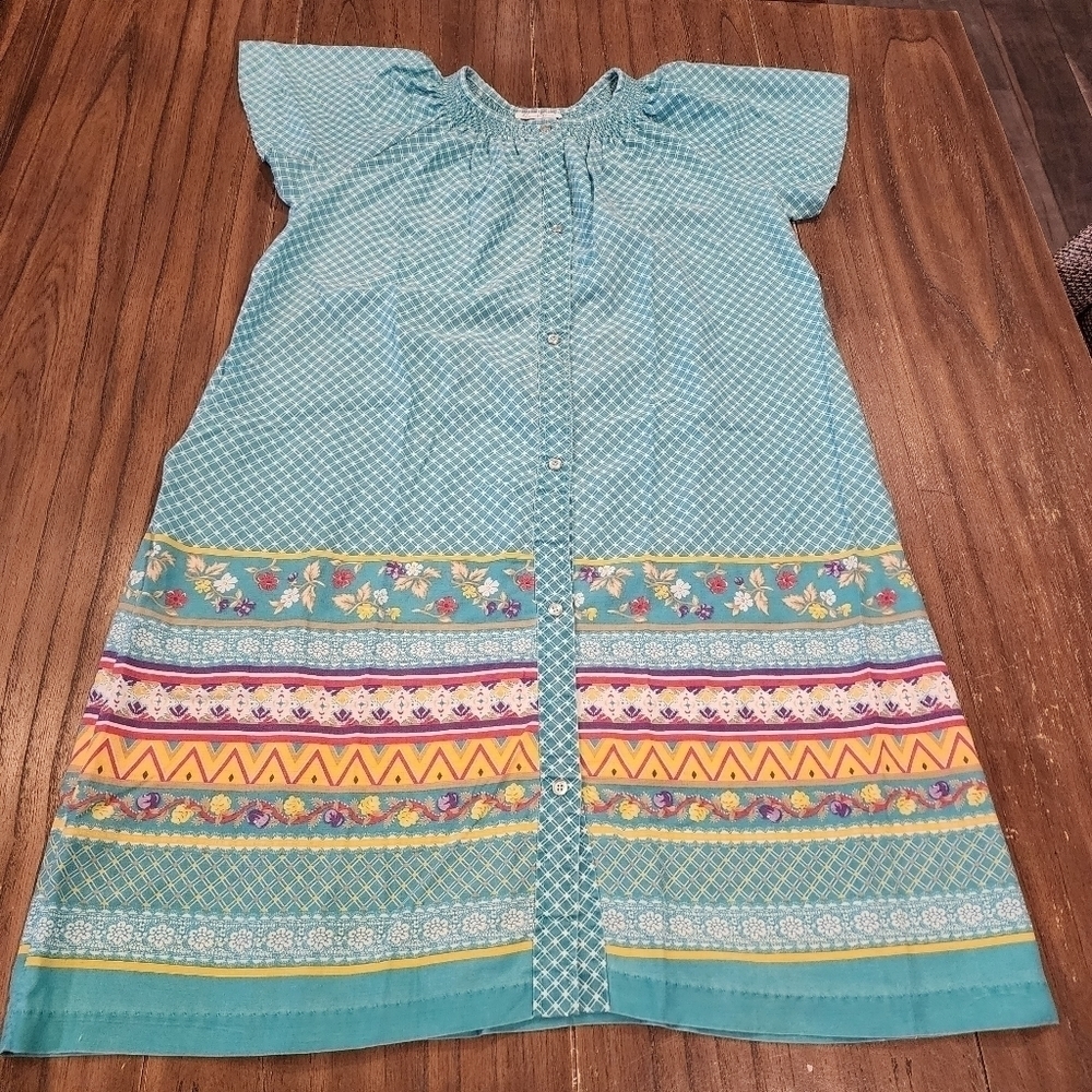 Turquoise Patterned Cotton Nightgown - Women's Button-Front Pajama